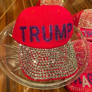 NWT Custom Made “Trump Vance” Red hat w/ Silver Rhinestones & Blue Bling